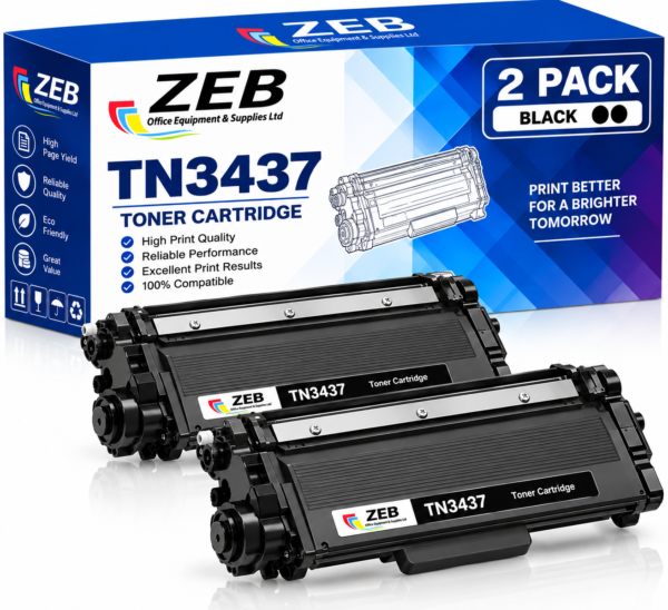 2X ZEB Compatible Toner Cartridge For Brother TN-3437 | High-Yield Black Toner (8,000 Pages Each) | Compatible with Brother HL-L5200DW