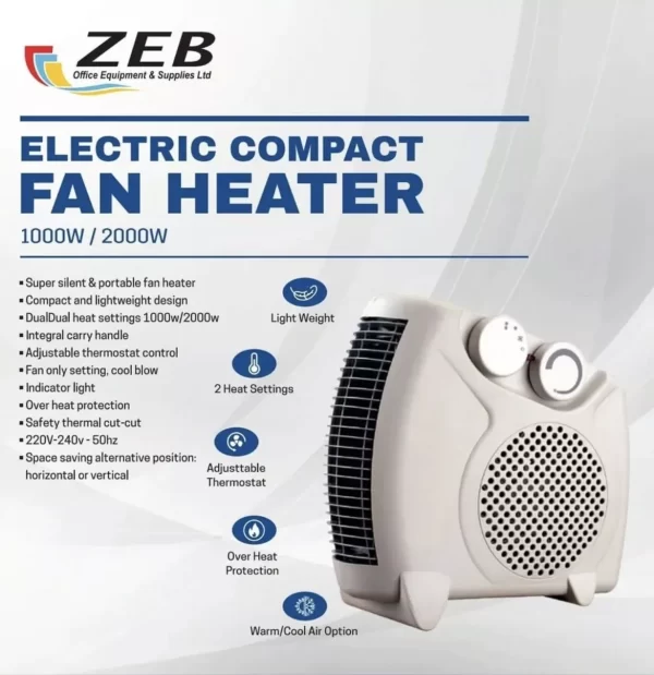 ZEB ELECTRIC COMPACT FAN HEATER 1000W/2000W 220V-240V EXTREME DISTANCE HOT/COLD