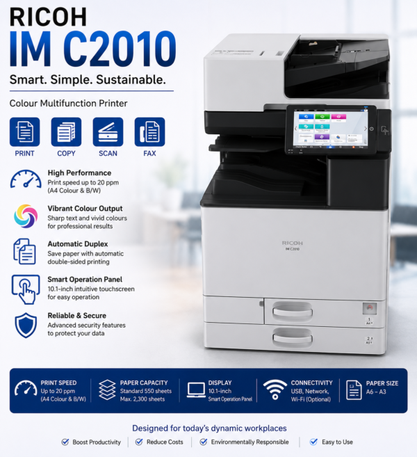 Brand New Digital A4/A3 Colour Copier Machine Ricoh IMC2010 (Includes: 2 Cassettes, Wood Desk & ADF)