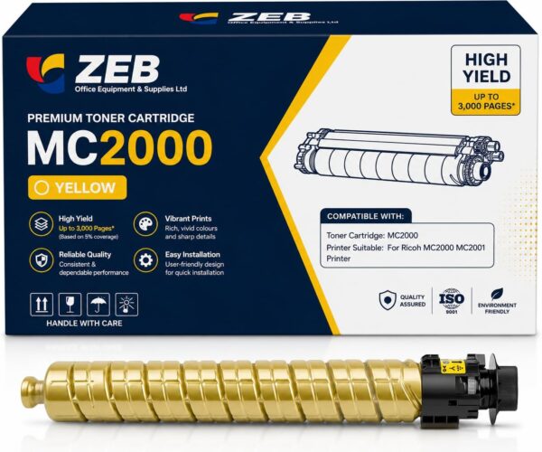 ZEB MC2000 Color Toner Cartridges for Ricoh Compatible MC2000BK MC2000C MC2000Y MC2000M High Yield Toner Cartridge for Ricoh MC2000 MC2001 with Chip Printer Accessories(Yellow)