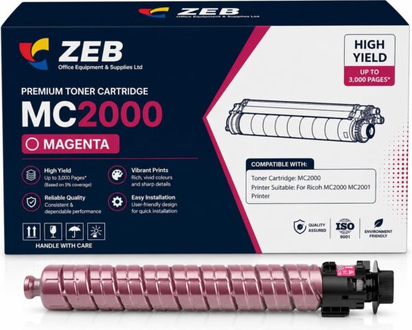 ZEB MC2000 Color Toner Cartridges for Ricoh Compatible MC2000BK MC2000C MC2000Y MC2000M High Yield Toner Cartridge for Ricoh MC2000 MC2001 with Chip Printer Accessories(Magenta)