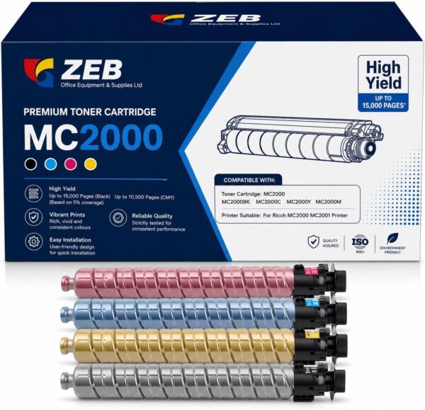 ZEB MC2000 Color Toner Cartridges for Ricoh Compatible MC2000BK MC2000C MC2000Y MC2000M High Yield Toner Cartridge for Ricoh MC2000 MC2001 with Chip Printer Accessories(Pack of 4)