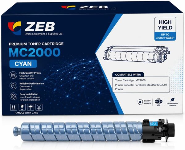 ZEB MC2000 Color Toner Cartridges for Ricoh Compatible MC2000BK MC2000C MC2000Y MC2000M High Yield Toner Cartridge for Ricoh MC2000 MC2001 with Chip Printer Accessories(Cyan)