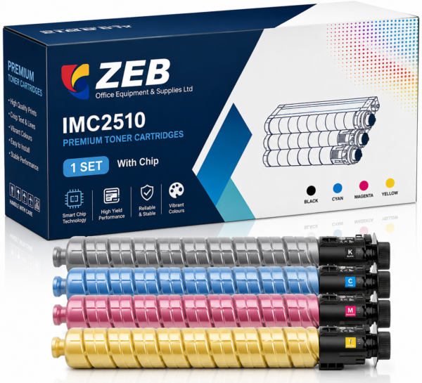 ZEB IMC2510 Compatible for Ricoh Toner Cartridges with Chip IM C2010 A IM C2510 Printers, High Yield Value Pack (Pack of 4)